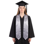 Plain silver graduation stole with pointed ends displayed on a wooden hanger against a white background.

