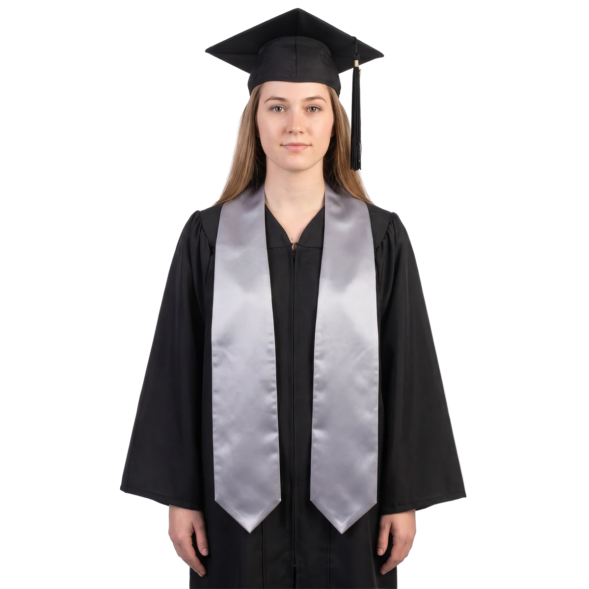 Plain silver graduation stole with pointed ends displayed on a wooden hanger against a white background.
