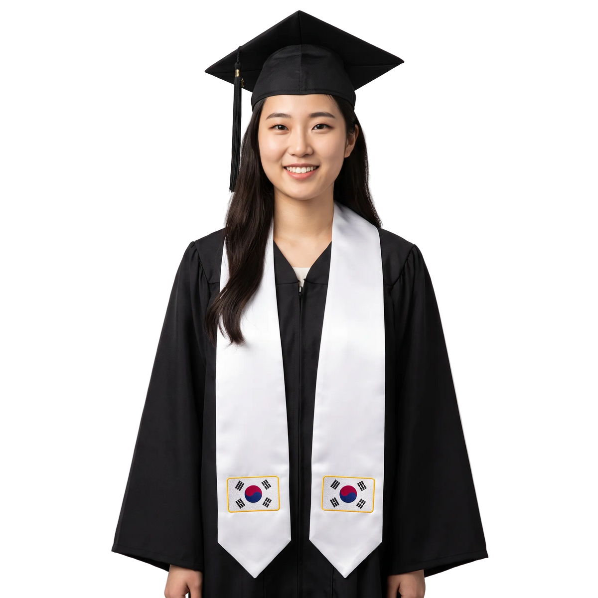 South Korea embroidered flag patch graduation stole, South Korean flag patch sash worn over a graduation gown