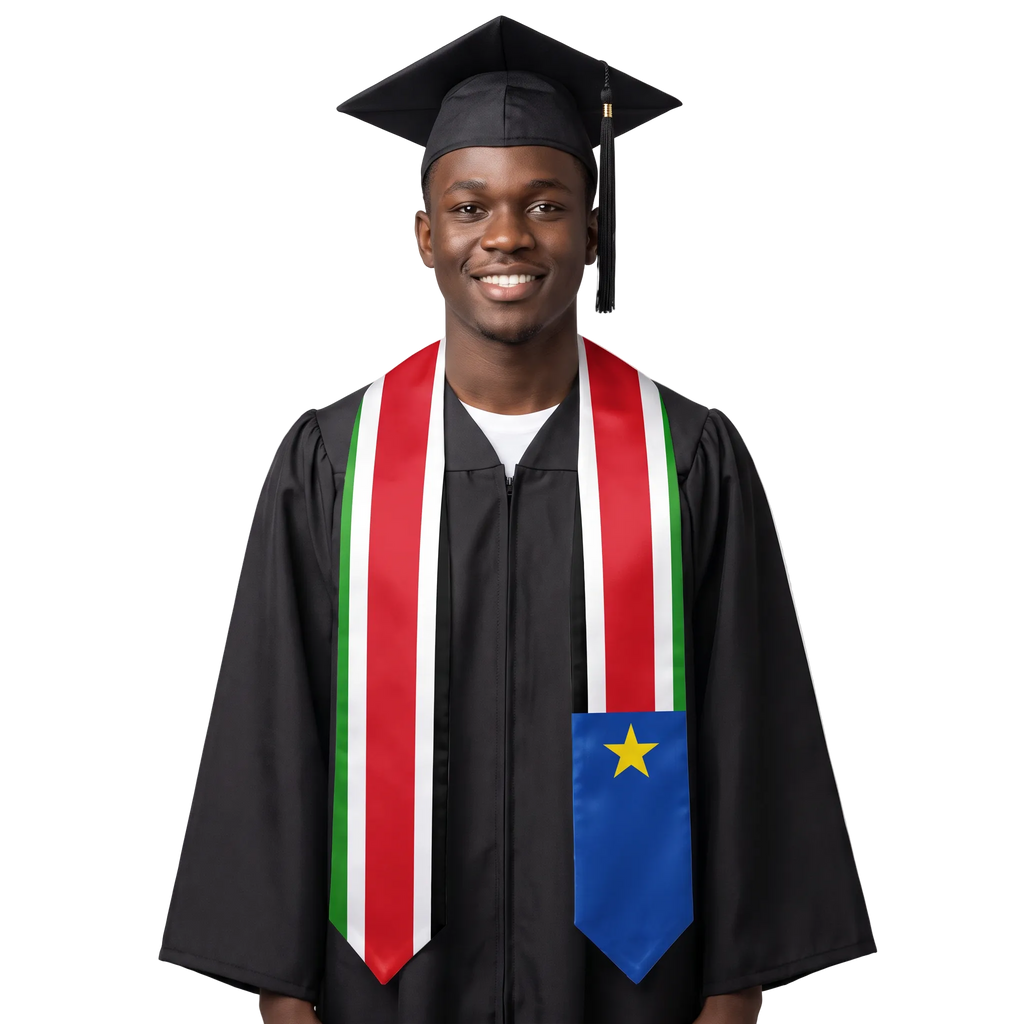 South Sudan graduation stole with South Sudanese flag design, graduation sash worn over a graduation gown