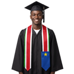South Sudan graduation stole with South Sudanese flag design, graduation sash worn over a graduation gown