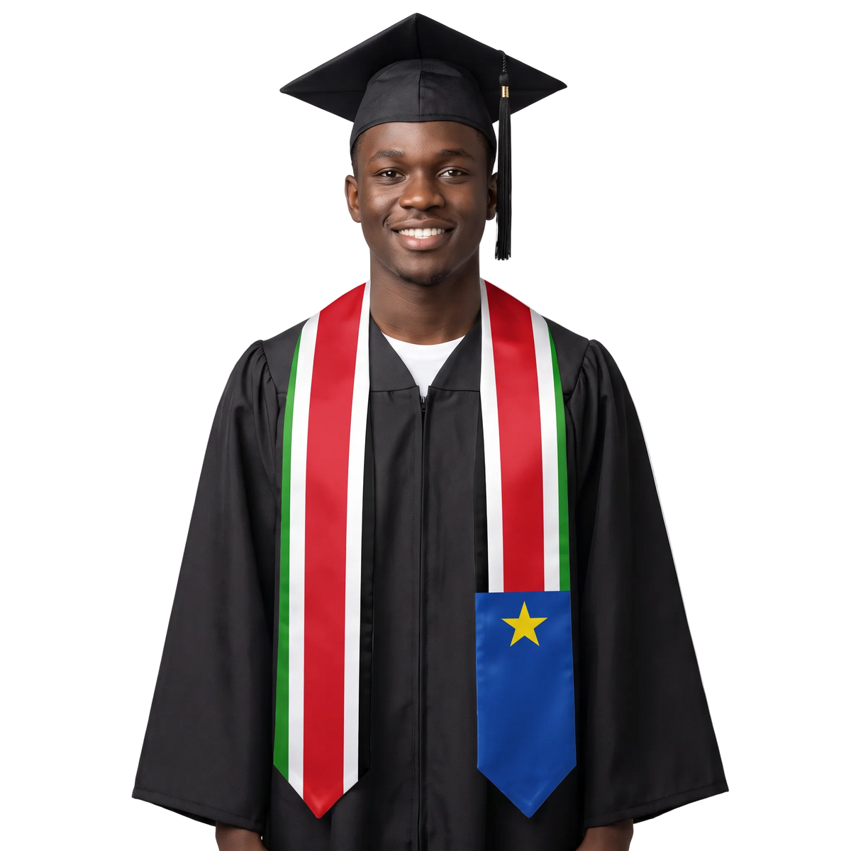 South Sudan graduation stole with South Sudanese flag design, graduation sash worn over a graduation gown