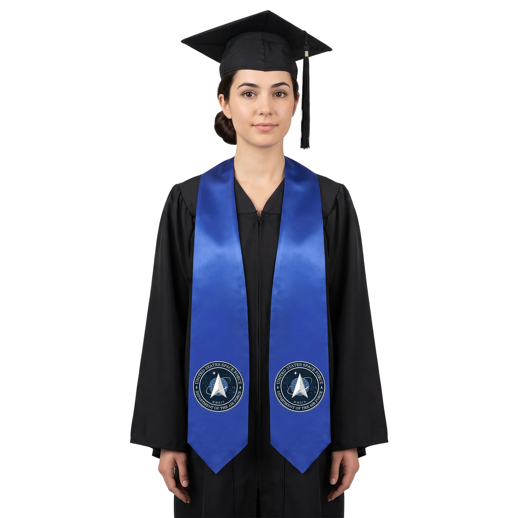 Royal blue U.S. Space Force graduation stole with circular Space Force emblems on both sides and pointed ends.
