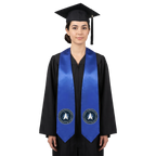 Royal blue U.S. Space Force graduation stole with circular Space Force emblems on both sides and pointed ends.
