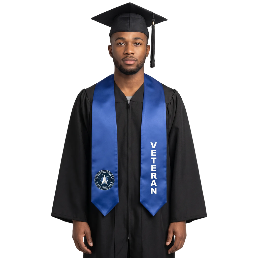 Royal blue U.S. Space Force veteran graduation stole with a Space Force emblem on one side, vertical white “VETERAN” lettering on the other, and pointed ends.
