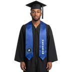 Royal blue U.S. Space Force veteran graduation stole with a Space Force emblem on one side, vertical white “VETERAN” lettering on the other, and pointed ends.
