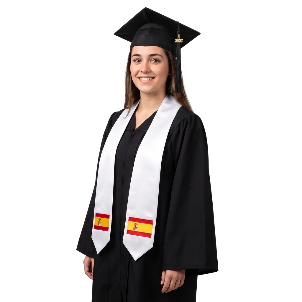 Spain embroidered flag patch graduation stole, Spanish flag patch sash worn over a graduation gown