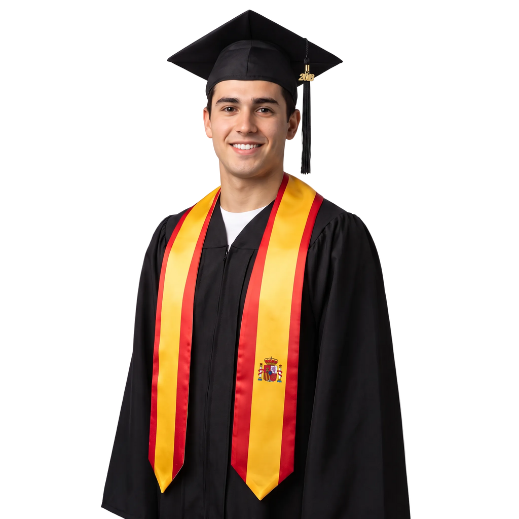 Spain graduation stole with Spanish flag design, graduation sash worn over a graduation gown