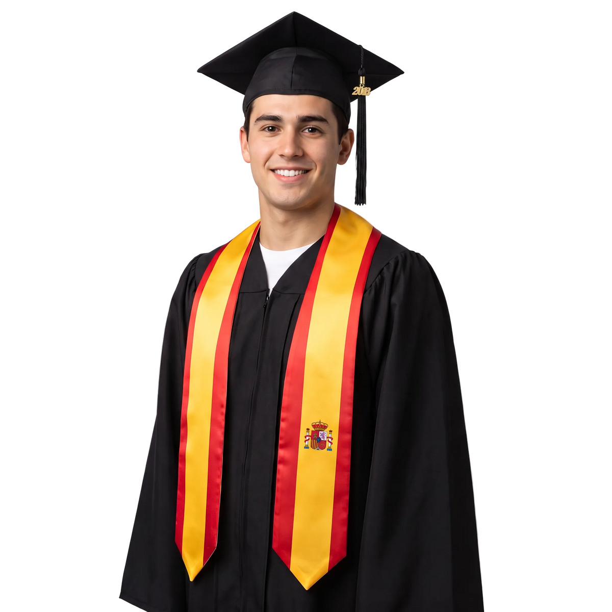 Spain graduation stole with Spanish flag design, graduation sash worn over a graduation gown