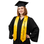 Gold Student Council class officer graduation stole with black screen-printed lettering, worn over a graduation gown