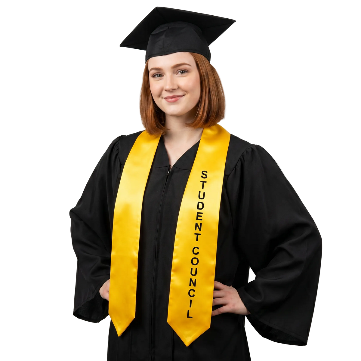 Gold Student Council class officer graduation stole with black screen-printed lettering, worn over a graduation gown