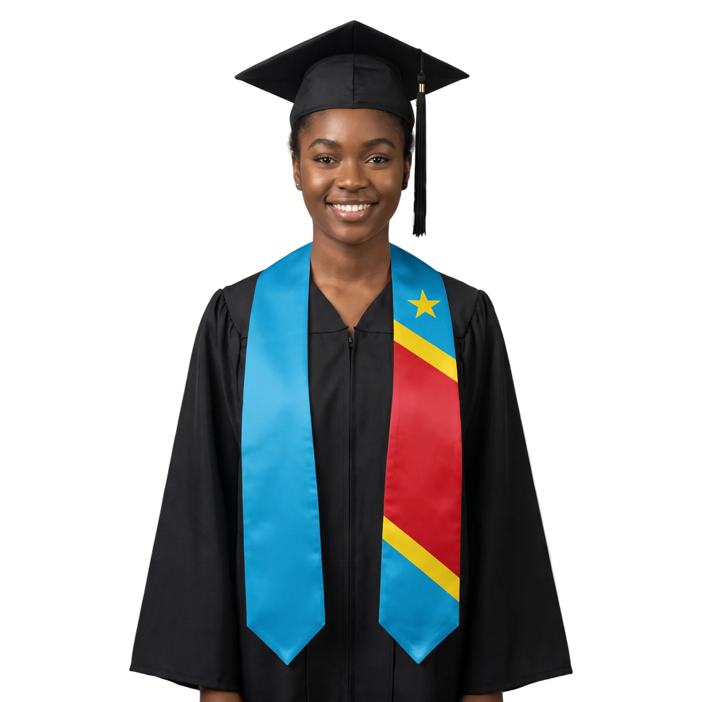 Democratic Republic of Congo graduation stole with DRC flag design, graduation sash worn over a graduation gown