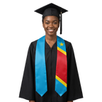 Democratic Republic of Congo graduation stole with DRC flag design, graduation sash worn over a graduation gown