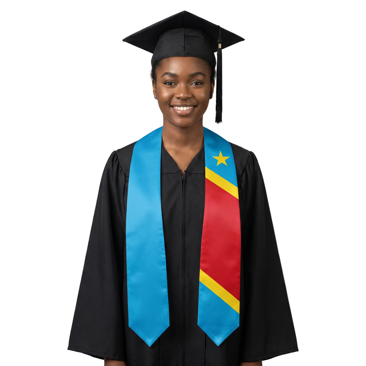 Democratic Republic of Congo graduation stole with DRC flag design, graduation sash worn over a graduation gown