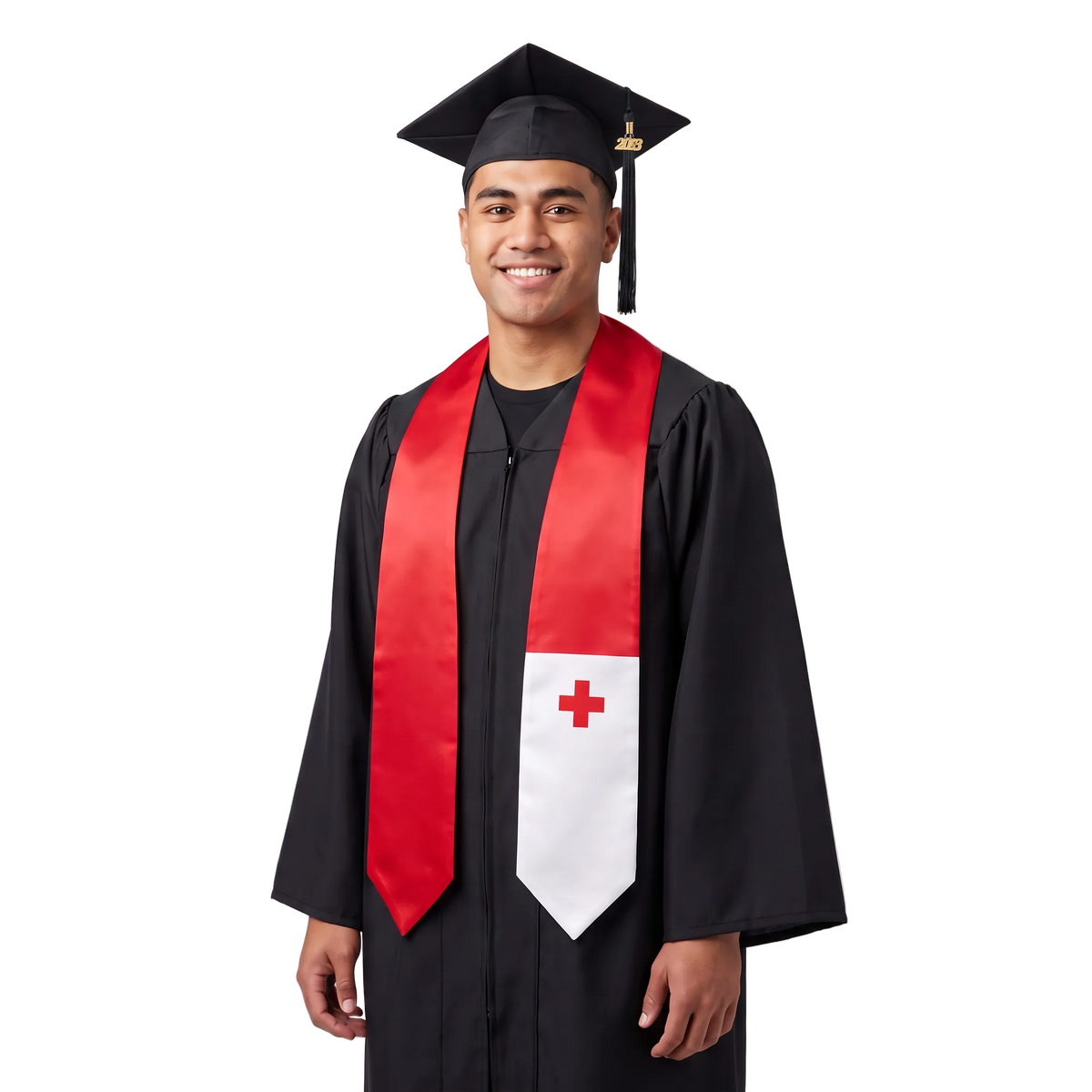 Tonga graduation stole with Tongan flag design, graduation sash worn over a graduation gown