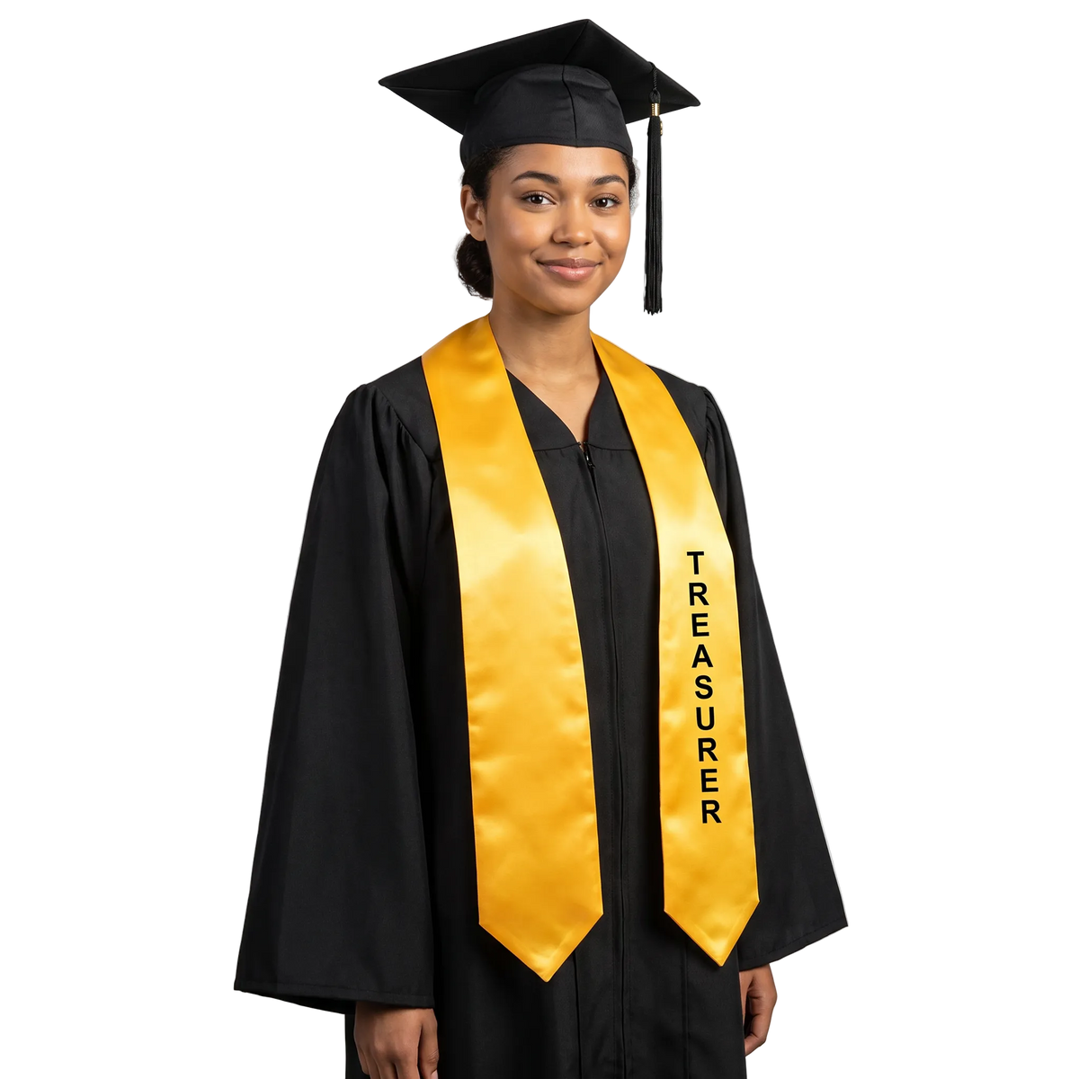 Gold Treasurer class officer graduation stole with black printed lettering and pointed ends