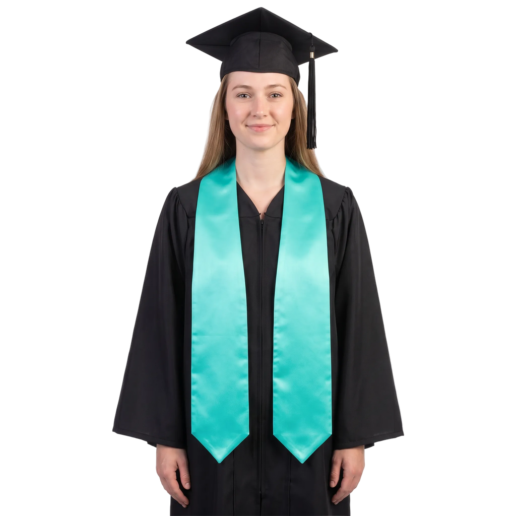 Plain turquoise graduation stole with pointed ends, shown in a front view against a white background.
