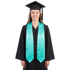 Graduate wearing a plain turquoise university and college graduation stole with pointed ends over a black graduation gown.
