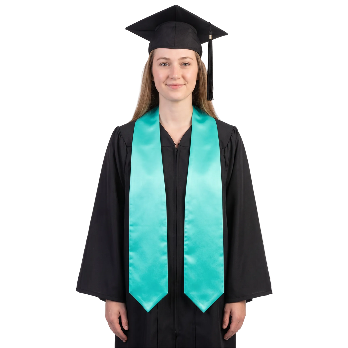Graduate wearing a plain turquoise university and college graduation stole with pointed ends over a black graduation gown.
