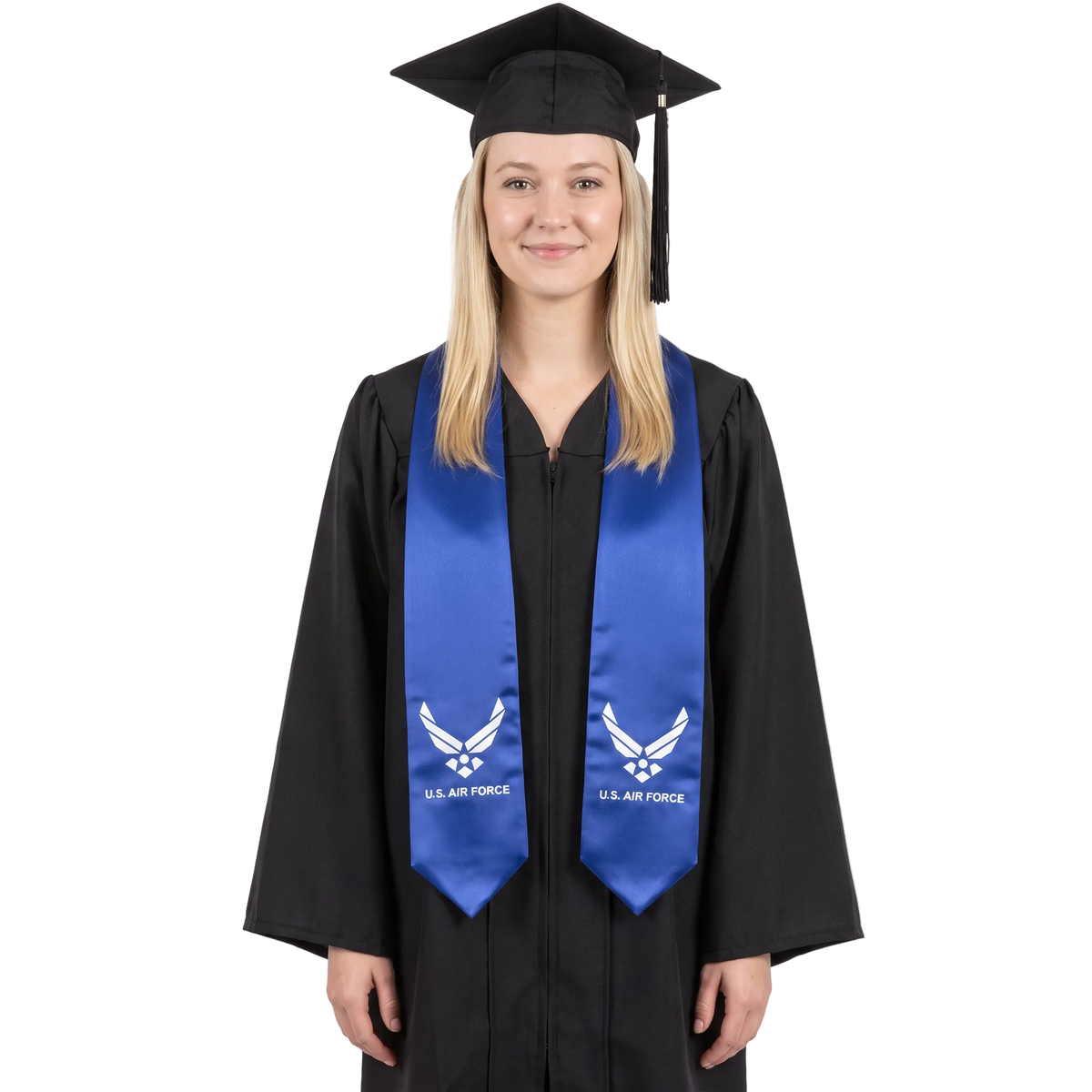 Graduate wearing a royal blue U.S. Air Force graduation stole with white Air Force logos and lettering on both sides and pointed ends over a black graduation gown.
