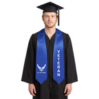 Royal blue U.S. Air Force veteran graduation stole with a white Air Force logo and lettering on one side, vertical white “VETERAN” lettering on the other, and pointed ends.
