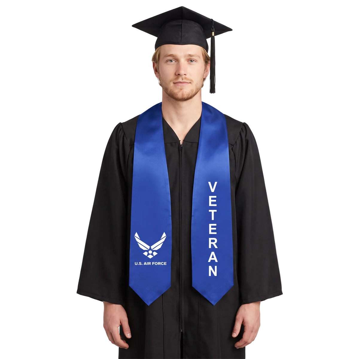 Royal blue U.S. Air Force veteran graduation stole with a white Air Force logo and lettering on one side, vertical white “VETERAN” lettering on the other, and pointed ends.
