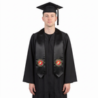Graduate in a navy blue gown and black cap wearing a black U.S. Marine Corps graduation stole with circular Marine Corps emblems on both sides and pointed ends.
