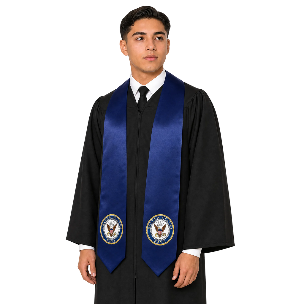 U.S. Navy graduation stole in navy blue featuring an embroidered U.S. Navy emblem, military graduation stole