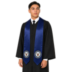 U.S. Navy graduation stole in navy blue featuring an embroidered U.S. Navy emblem, military graduation stole