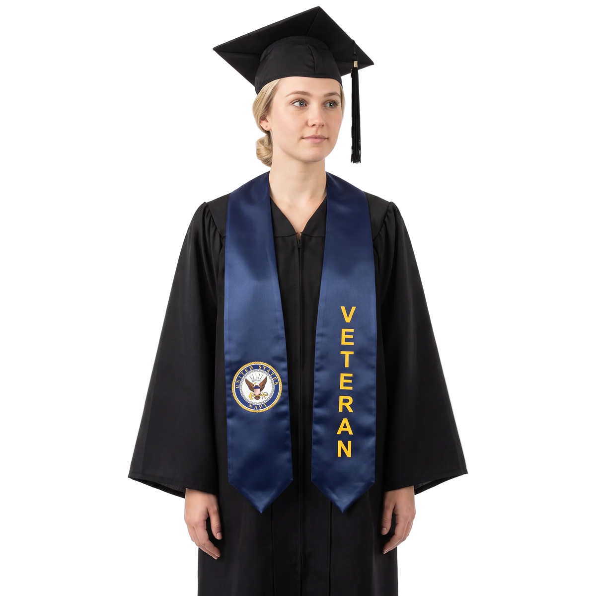 Navy blue U.S. Navy veteran graduation stole with a Navy emblem on one side, vertical gold “VETERAN” lettering on the other, and pointed ends.
