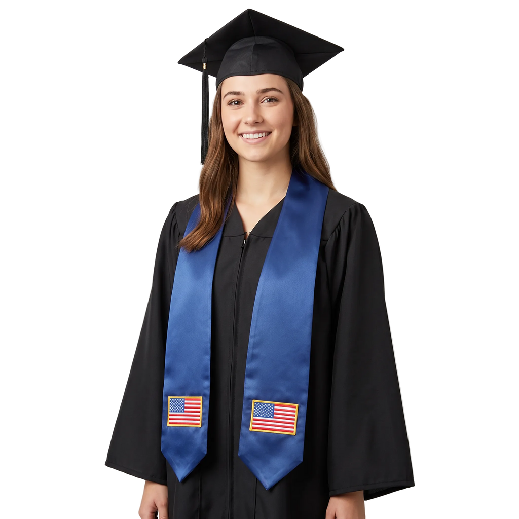 USA embroidered flag patch graduation stole, American flag patch sash worn over a graduation gown