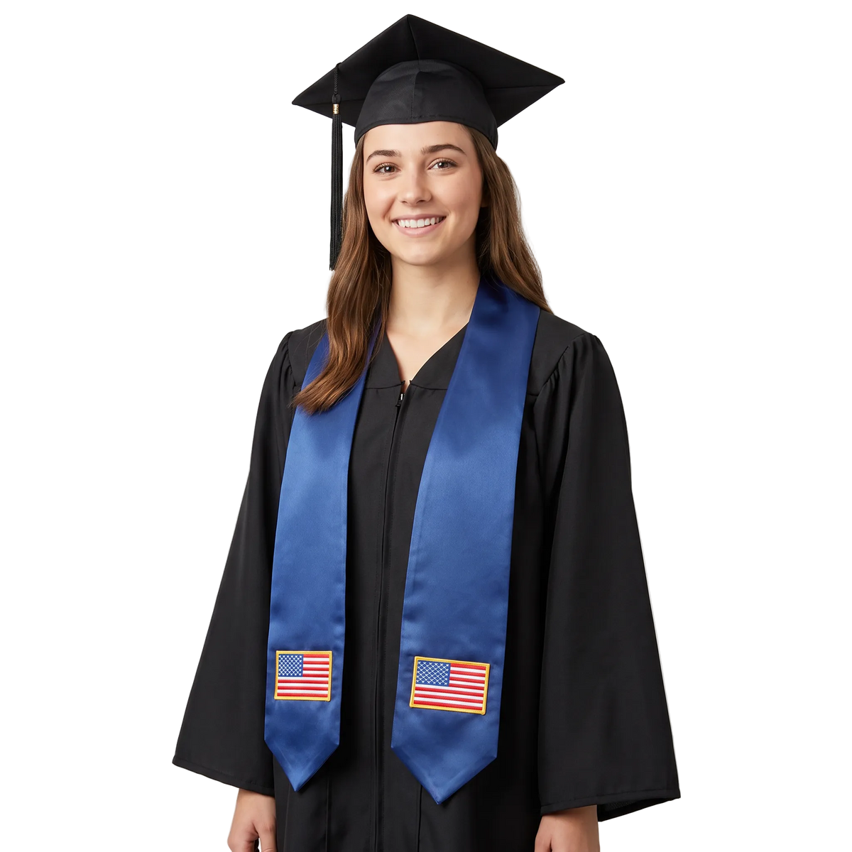 USA embroidered flag patch graduation stole, American flag patch sash worn over a graduation gown