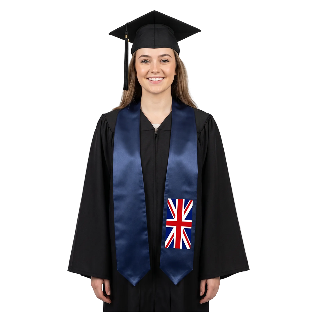 United Kingdom graduation stole with British Union Jack flag design, graduation sash worn over a graduation gown