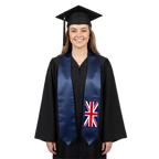 United Kingdom graduation stole with British Union Jack flag design, graduation sash worn over a graduation gown