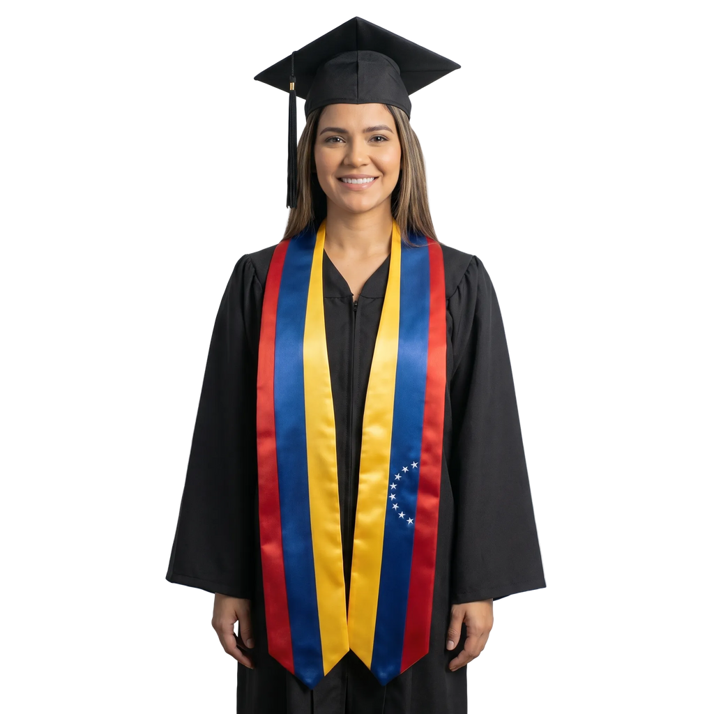 Venezuela flag graduation stole with yellow, blue, and red vertical stripes, an arc of eight white stars on one side, and pointed ends.
