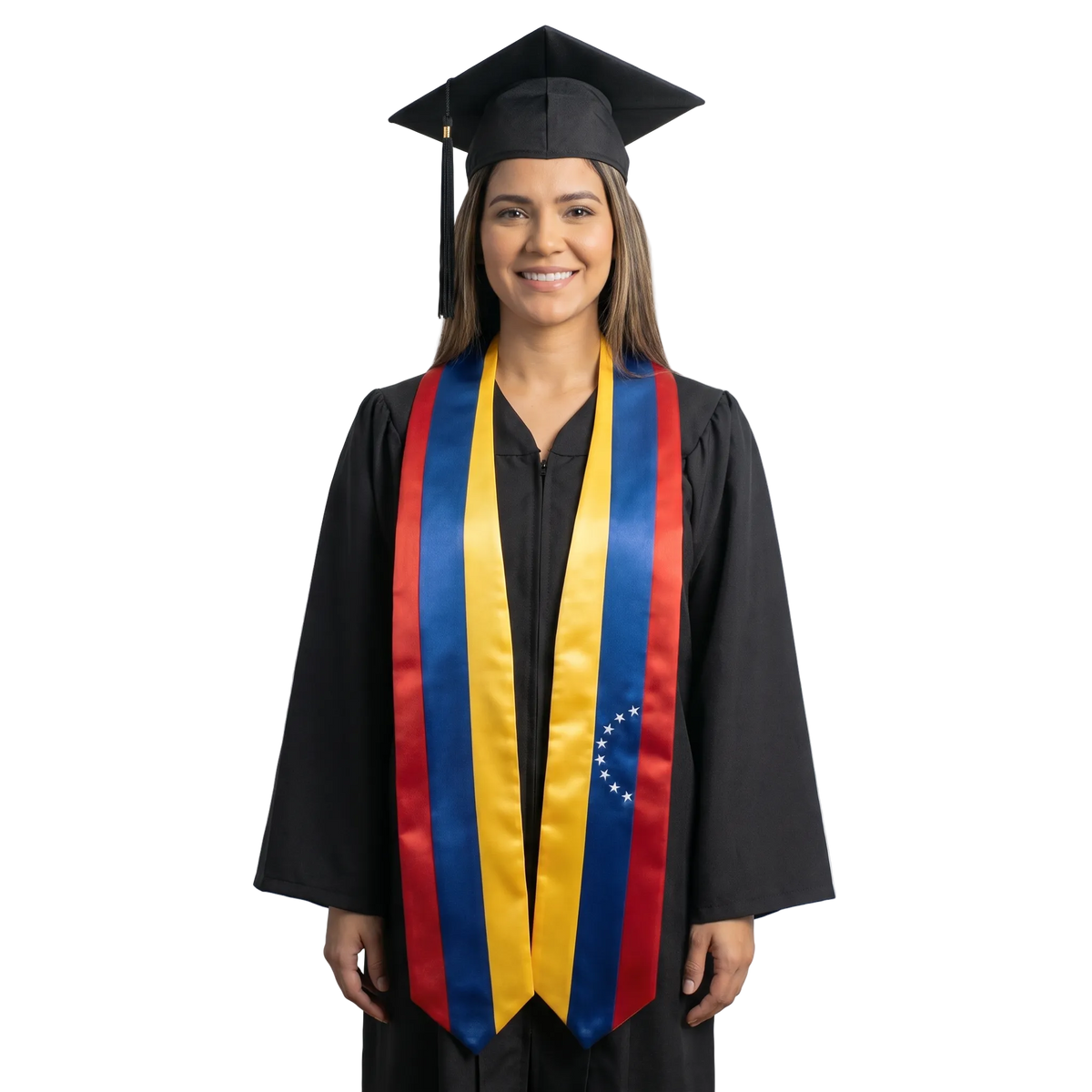 Venezuela flag graduation stole with yellow, blue, and red vertical stripes, an arc of eight white stars on one side, and pointed ends.
