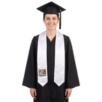 White graduation stole with “BLACK GRADS MATTER” lettering in a black and white rectangular design outlined in gold on one side and pointed ends.
