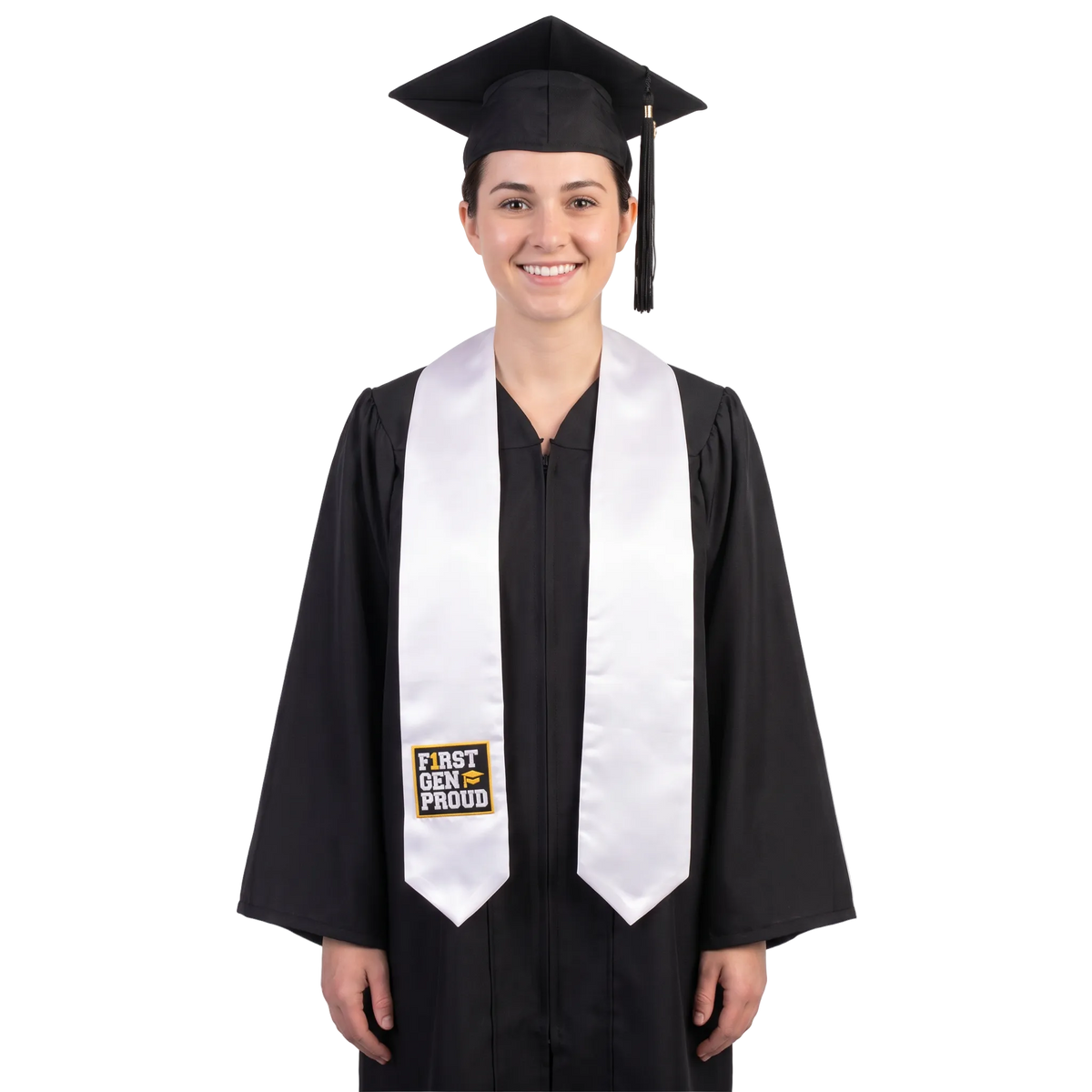 White graduation stole with “BLACK GRADS MATTER” lettering in a black and white rectangular design outlined in gold on one side and pointed ends.
