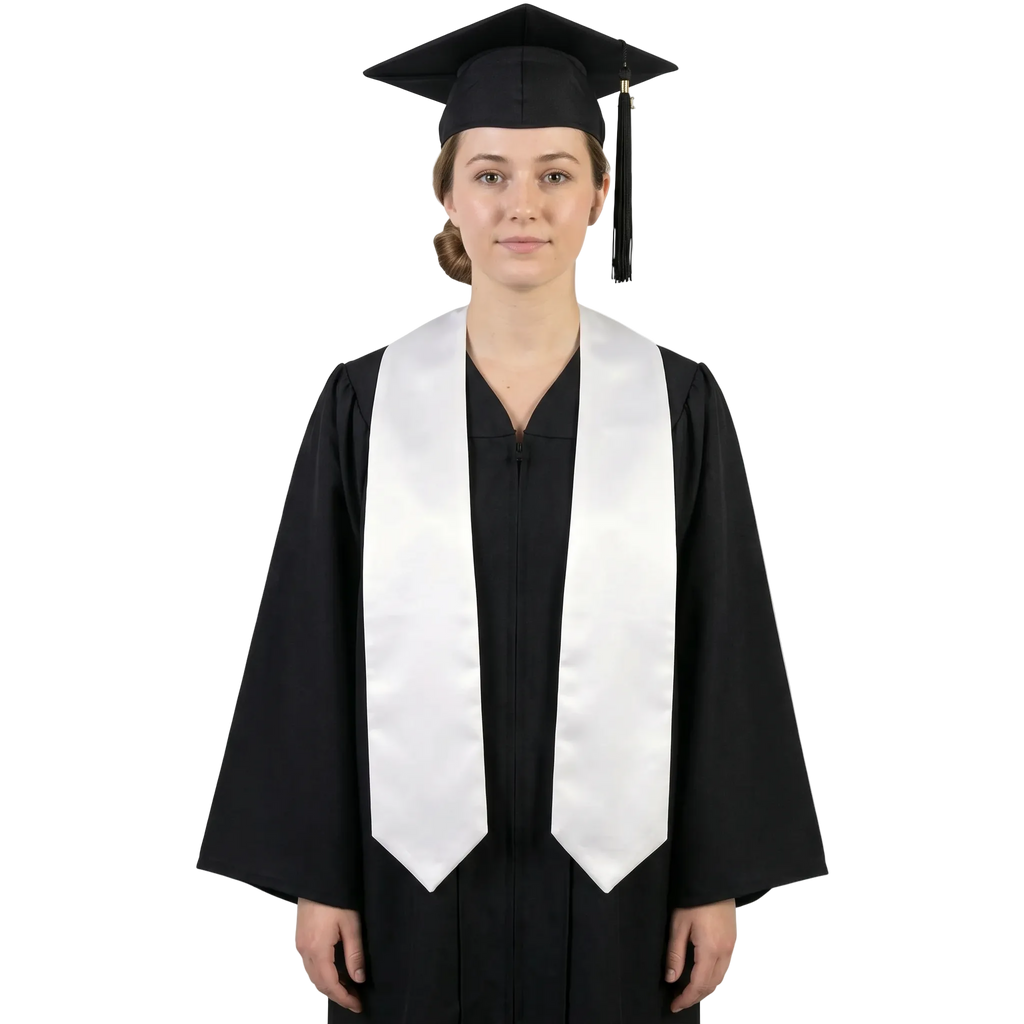 Graduate wearing a plain white graduation stole with pointed ends over a black graduation gown.
