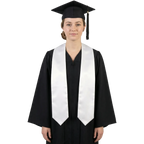 Graduate wearing a plain white graduation stole with pointed ends over a black graduation gown.
