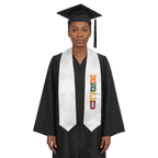 Graduate in a black cap and gown wearing a white HBCU graduation stole with vertically stacked multicolored HBCU lettering on one side and pointed ends.
