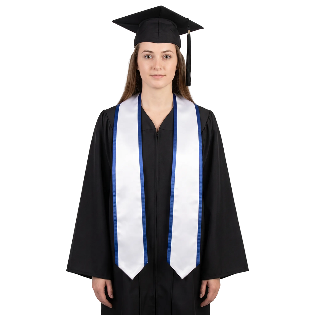 White graduation stole with royal blue trim along the edges and pointed ends, shown in a front view.
