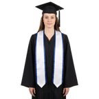 White graduation stole with royal blue trim along the edges and pointed ends, shown in a front view.
