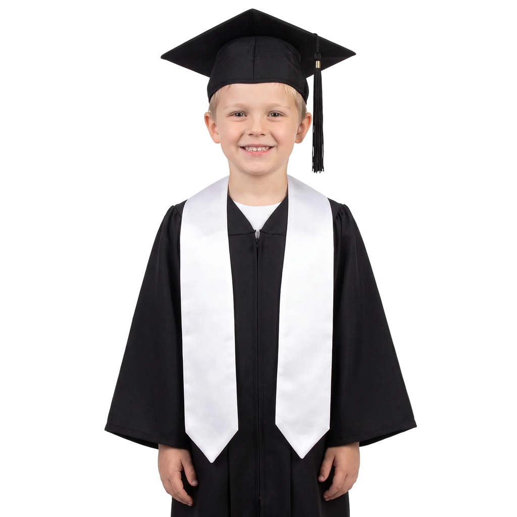 White satin preschool and kindergarten graduation stole with pointed ends, shown flat against a white background.