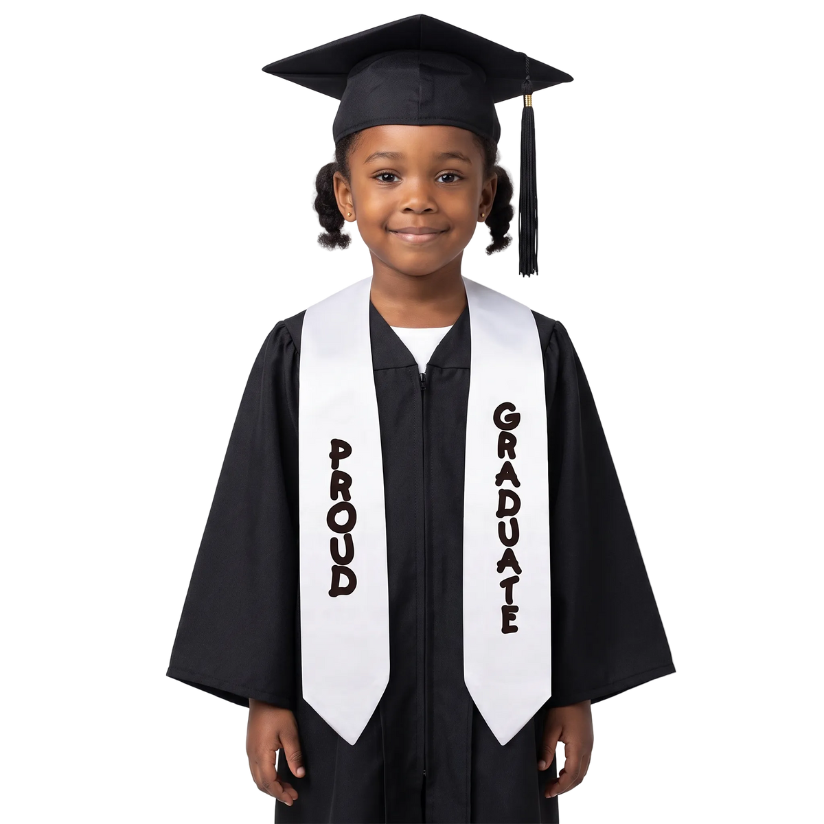 White satin preschool and kindergarten graduation stole with black “Proud Graduate” lettering and pointed ends on a white background.