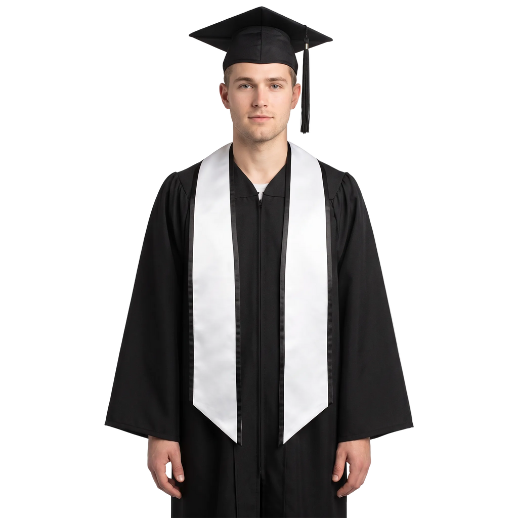 White graduation stole with black trim along the edges and slanted ends, shown in a front view.
