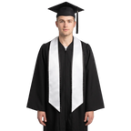 White graduation stole with black trim along the edges and slanted ends, shown in a front view.
