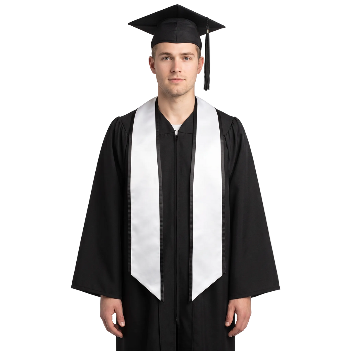 White graduation stole with black trim along the edges and slanted ends, shown in a front view.
