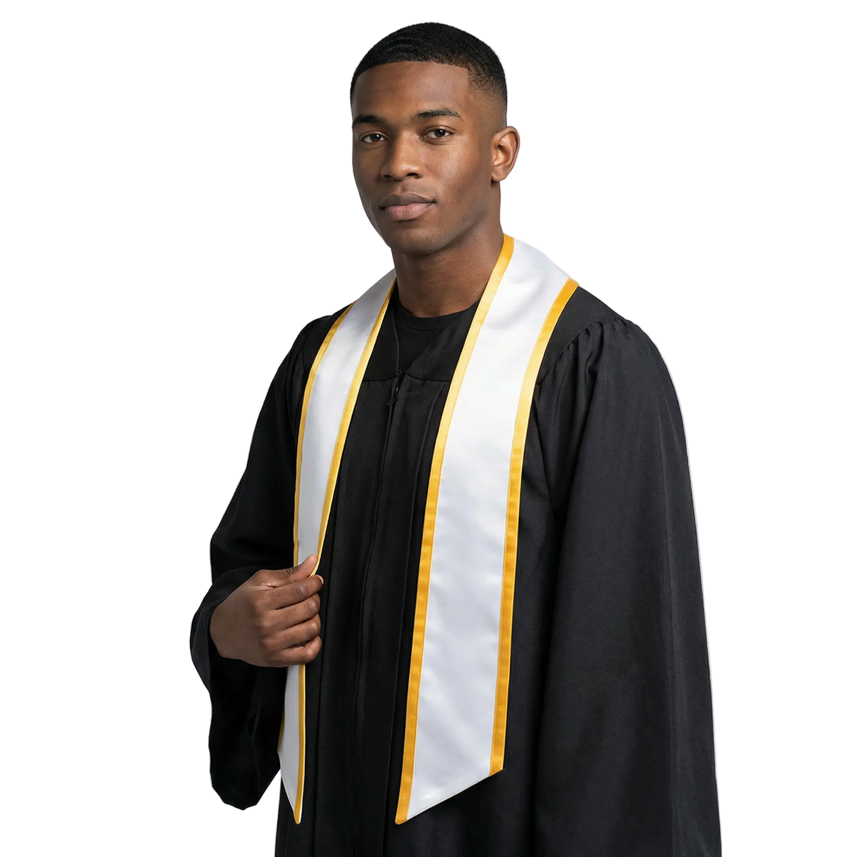 White graduation stole with gold trim along the edges and slanted ends, shown in a front view.