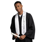 White Valedictorian Stole worn at graduation ceremony – white satin honor stole with black print
